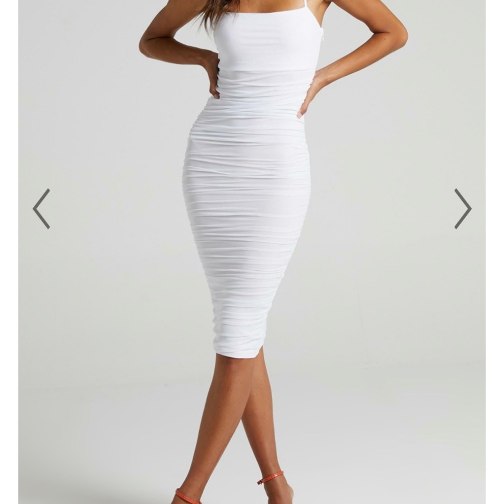 Ruched white midi dress!